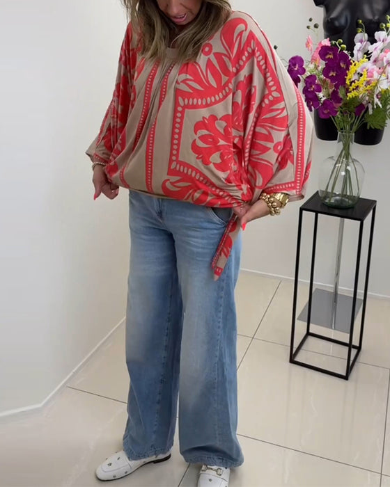 Rundhalset langærmet hverdagstop med print