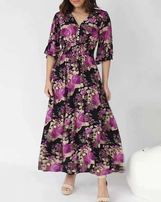 Maxikjole med blomsterprint og V-hals