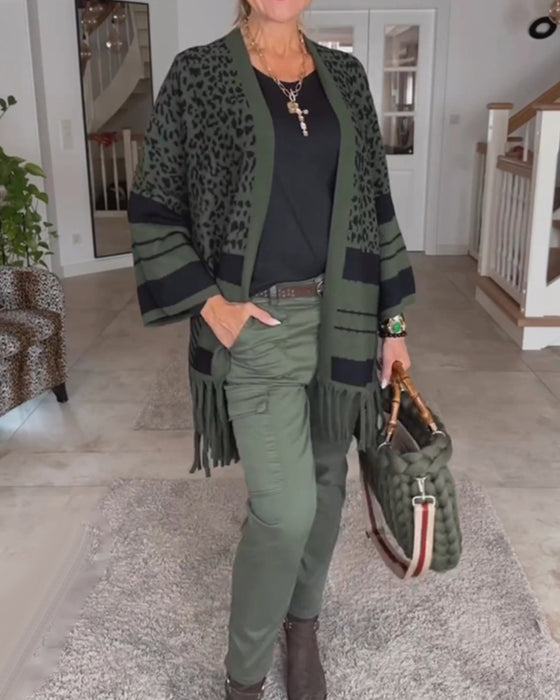 Langærmet cardigan med mørkt leopardprint