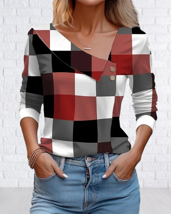 V-hals plaid top med knapper