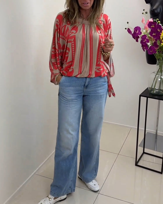 Rundhalset langærmet hverdagstop med print