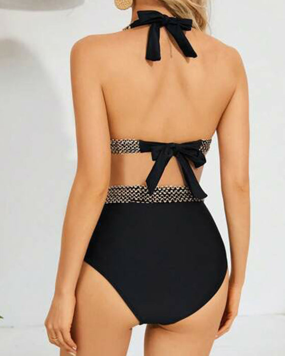 Panelmønstret bikini med halterneck