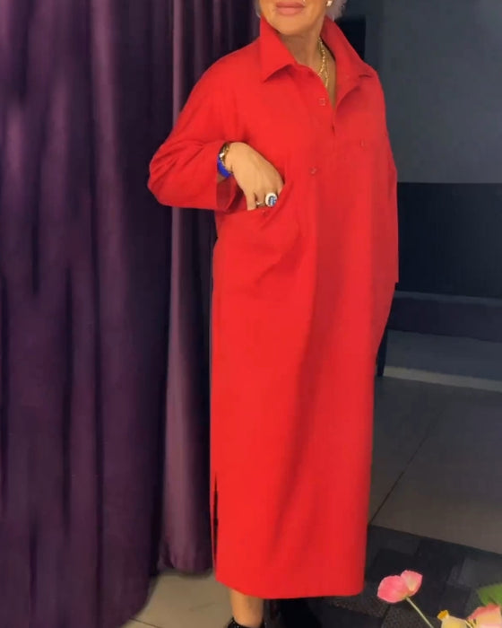 Lang kjole med lommer og skjortekrave