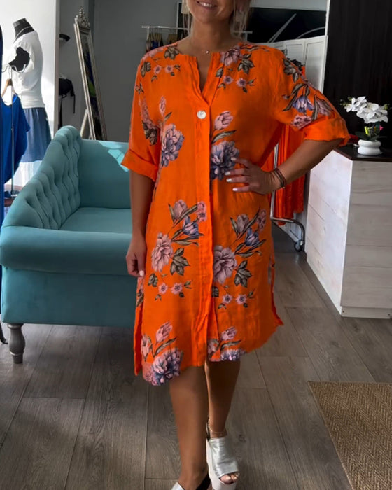 Orange kjole med knapper og print