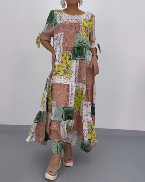 Lang patchwork kjole i løs pasform