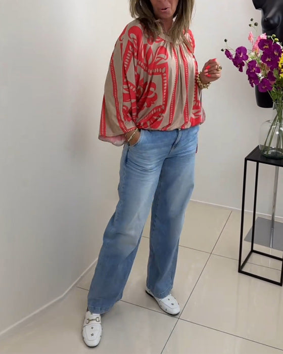 Rundhalset langærmet hverdagstop med print