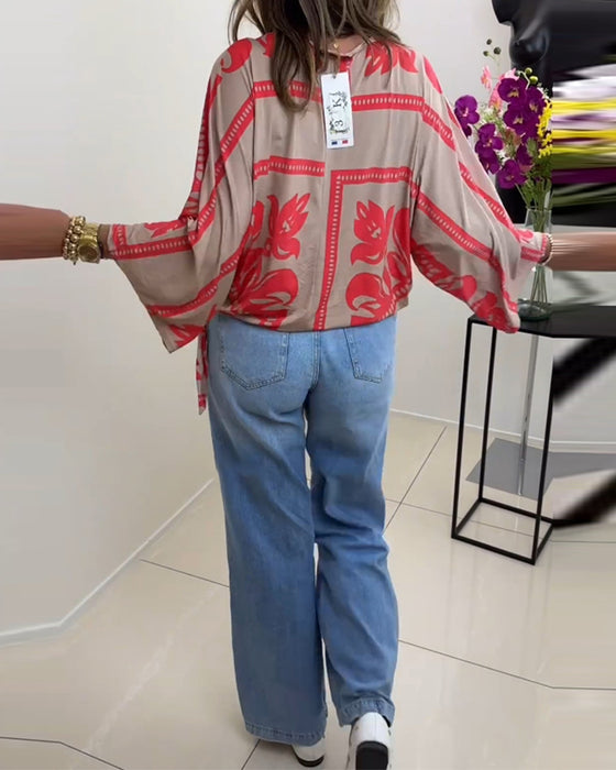 Rundhalset langærmet hverdagstop med print