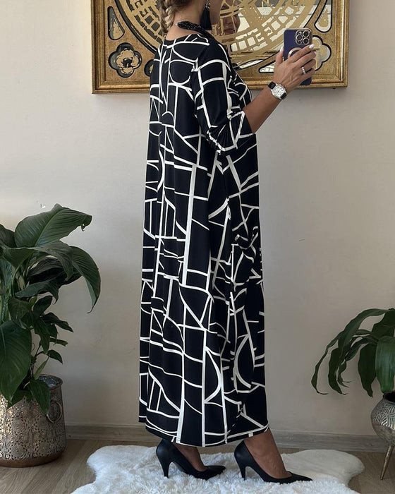 Geometrisk mønstret shiftkjole med rund hals