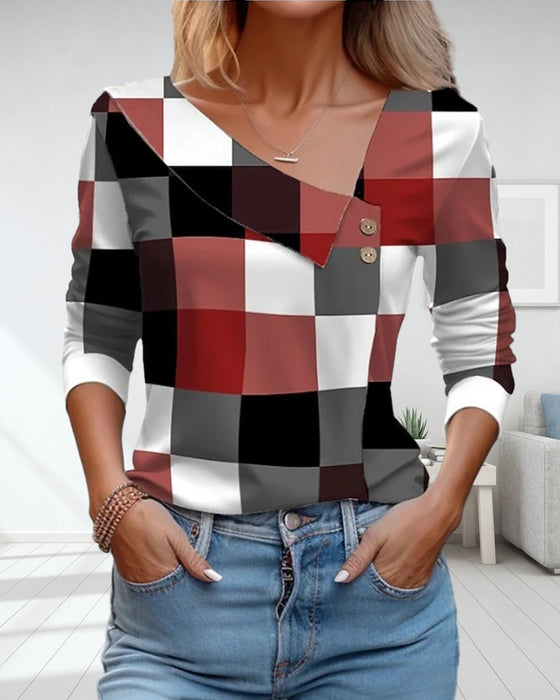V-hals plaid top med knapper