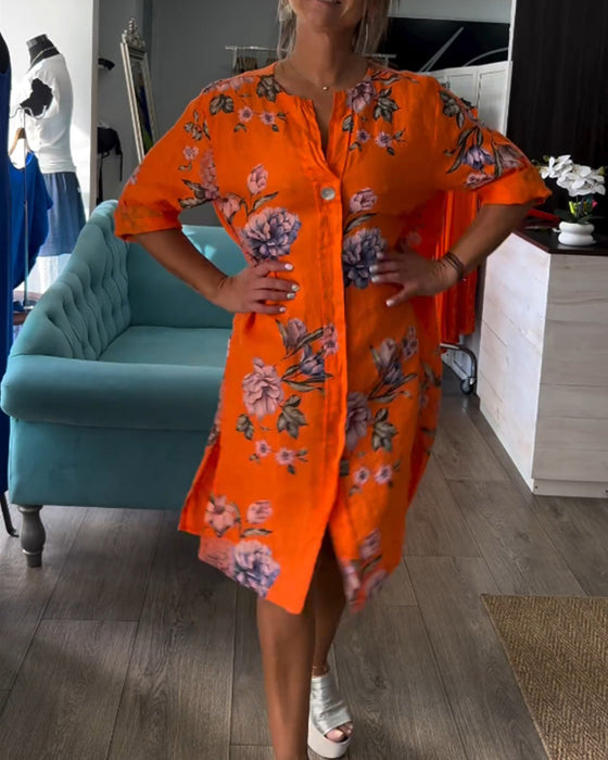 Orange kjole med knapper og print