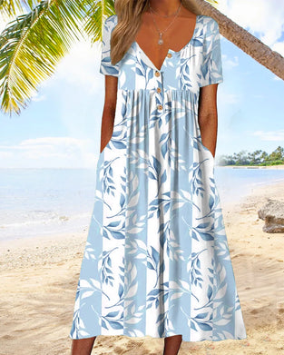 Kortærmet sommerkjole med bladprint