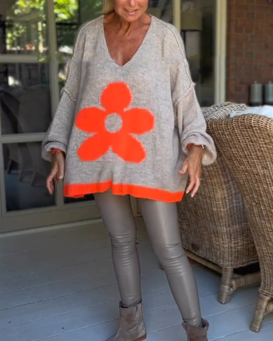 Blomstermønster v-hals sweater