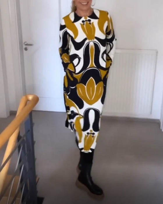 Trykt kjole med rund hals