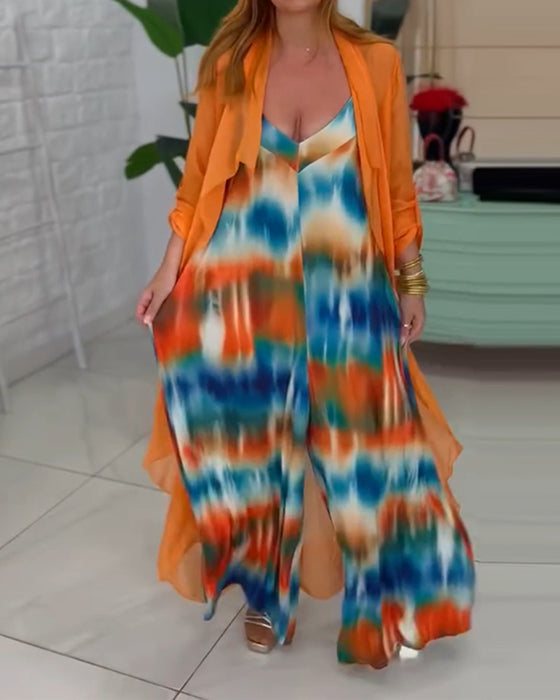 To-delt sæt | Farverigt jumpsuit og orange cardigan