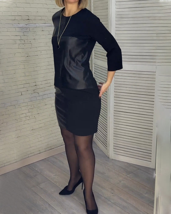 Patchworkkjole i PU-læder med rund hals