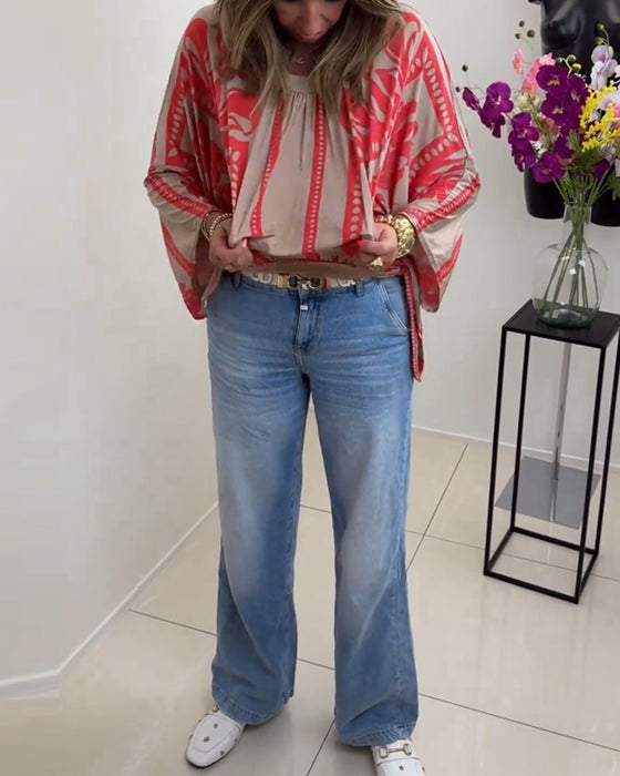 Rundhalset langærmet hverdagstop med print