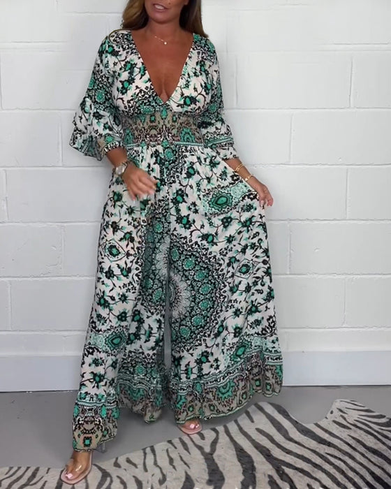 Jumpsuit med print og dyb V-udskæring