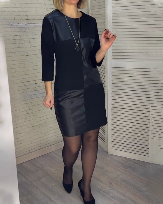 Patchworkkjole i PU-læder med rund hals