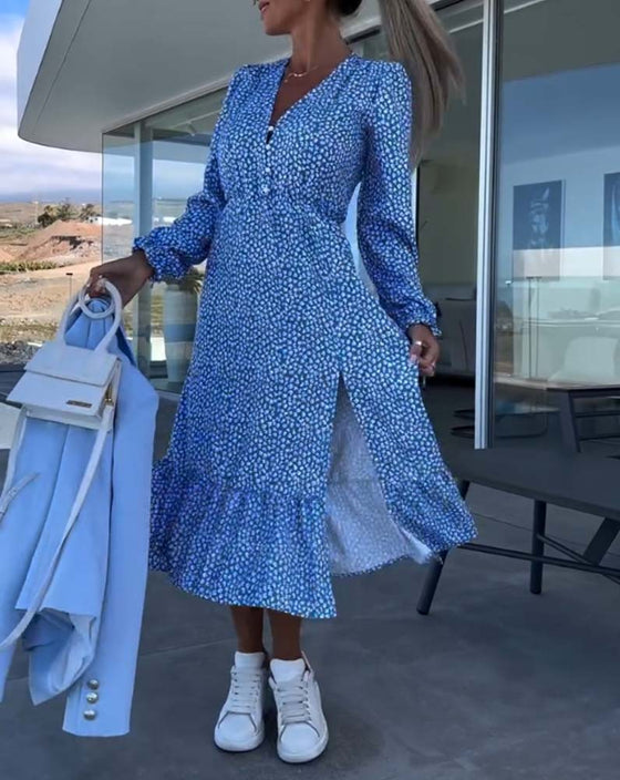 V-hals blomstret patchworkkjole