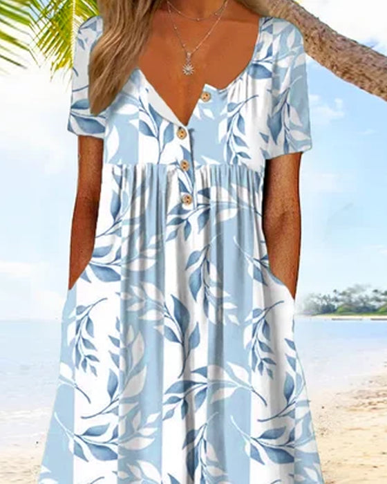 Kortærmet sommerkjole med bladprint